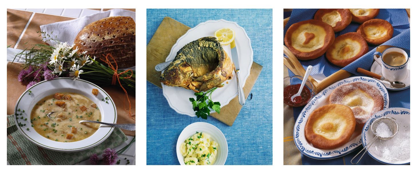 zu sehen sind drei Gerichte zur Fastenzeit. Von Links nach Rechts: Brotsuppe, Aischgründer Karpfen, Auszogne